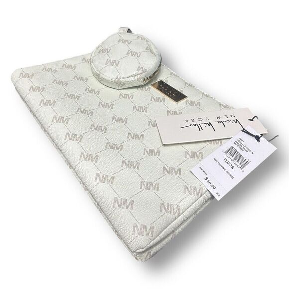 Nicole Miller NWT Bone Logo Crossbody Bag Coin Pouch Gold Hardware Purse Chic - Picture 7 of 11